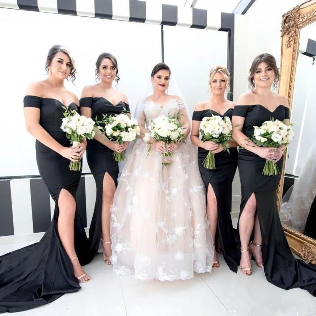 Mermaid Off-the-Shoulder Long Black side split Unique Long Bridesmaid Dress, BD0474