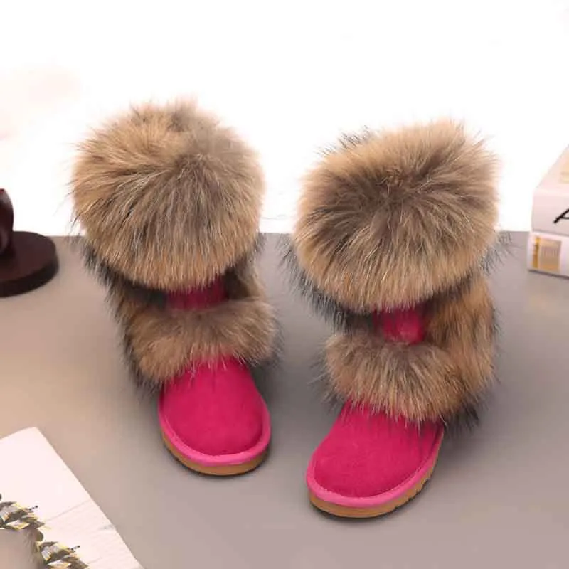 Mid-Calf Fox Fur Snow Boots