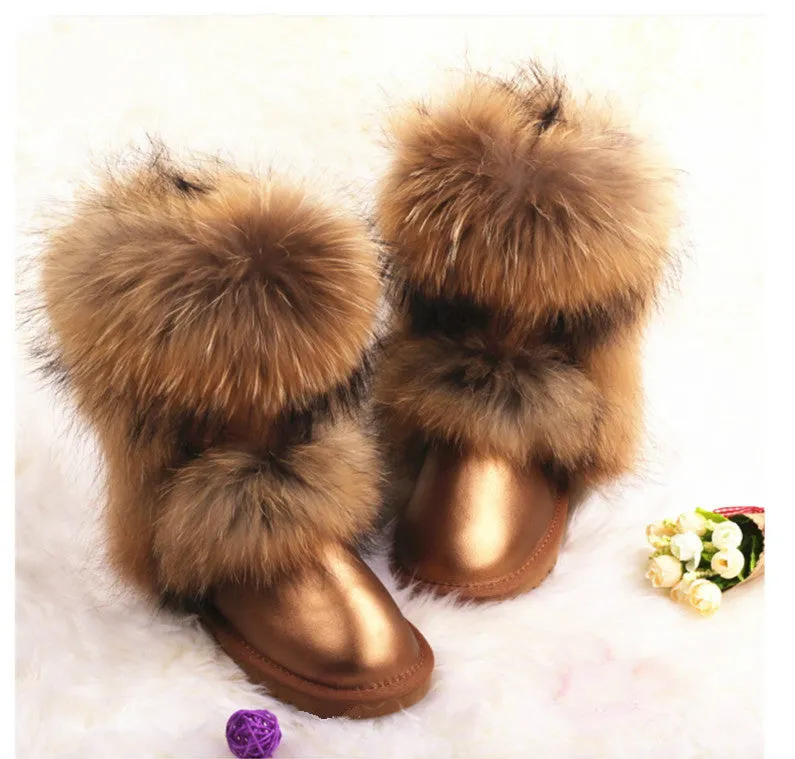 Mid-Calf Fox Fur Snow Boots