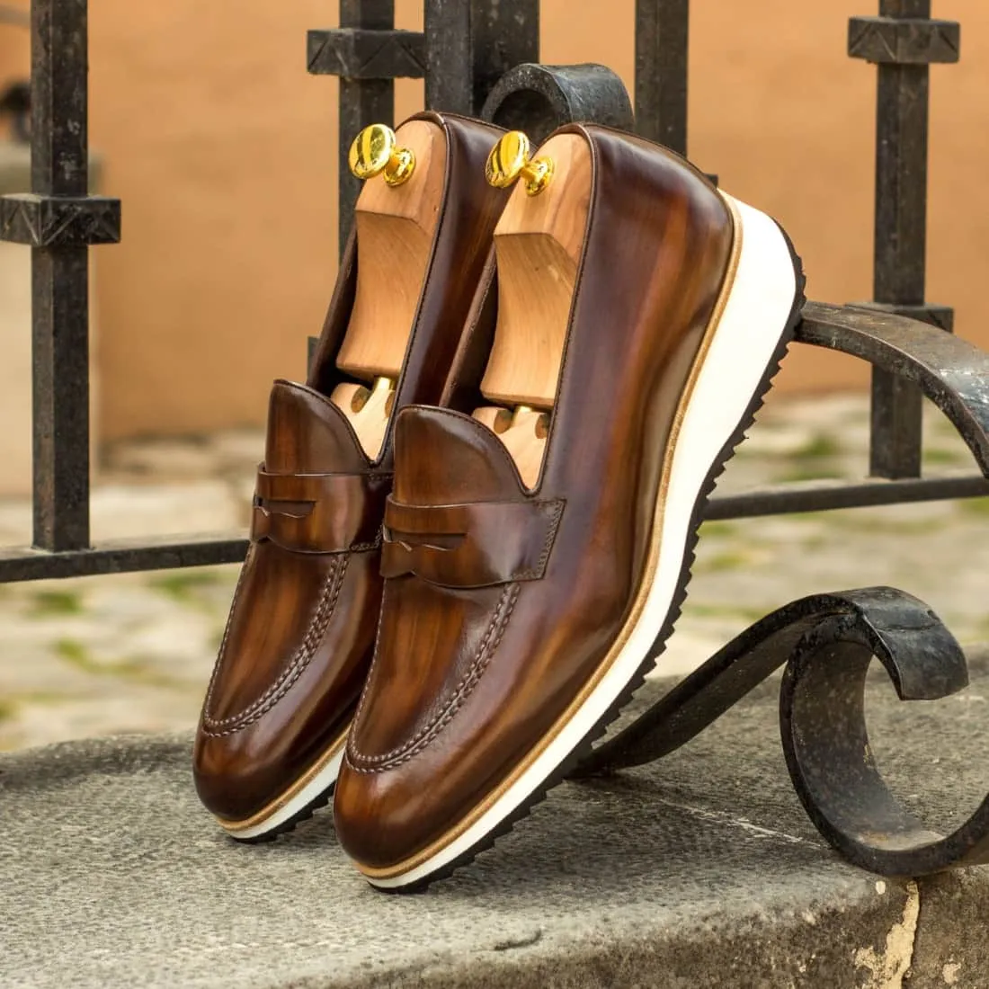 Mocassins Penny à bandeau en cuir patiné marron - Semelles Sport