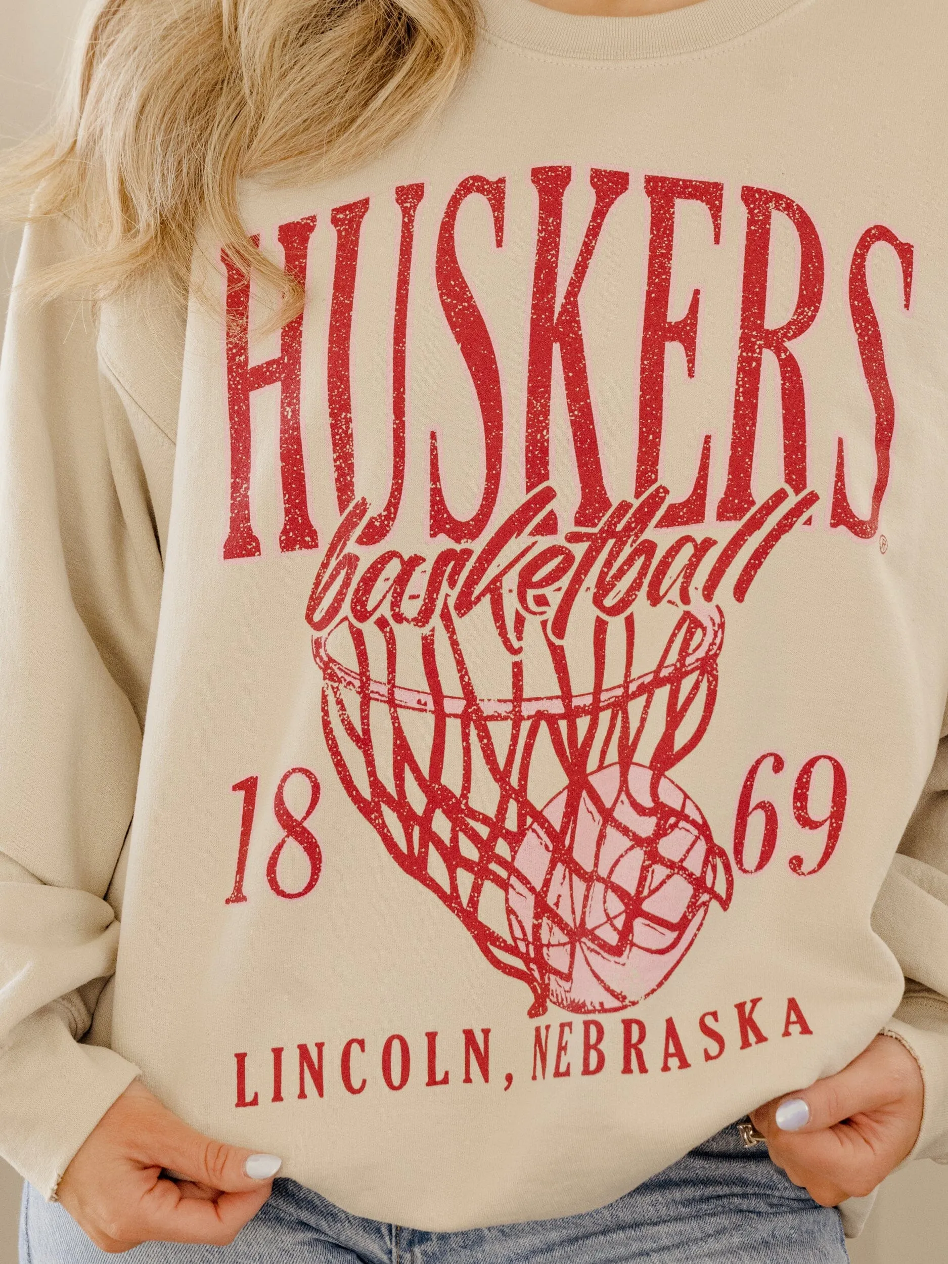 Nebraska Huskers Big Basketball Sand Thrifted Sweatshirt