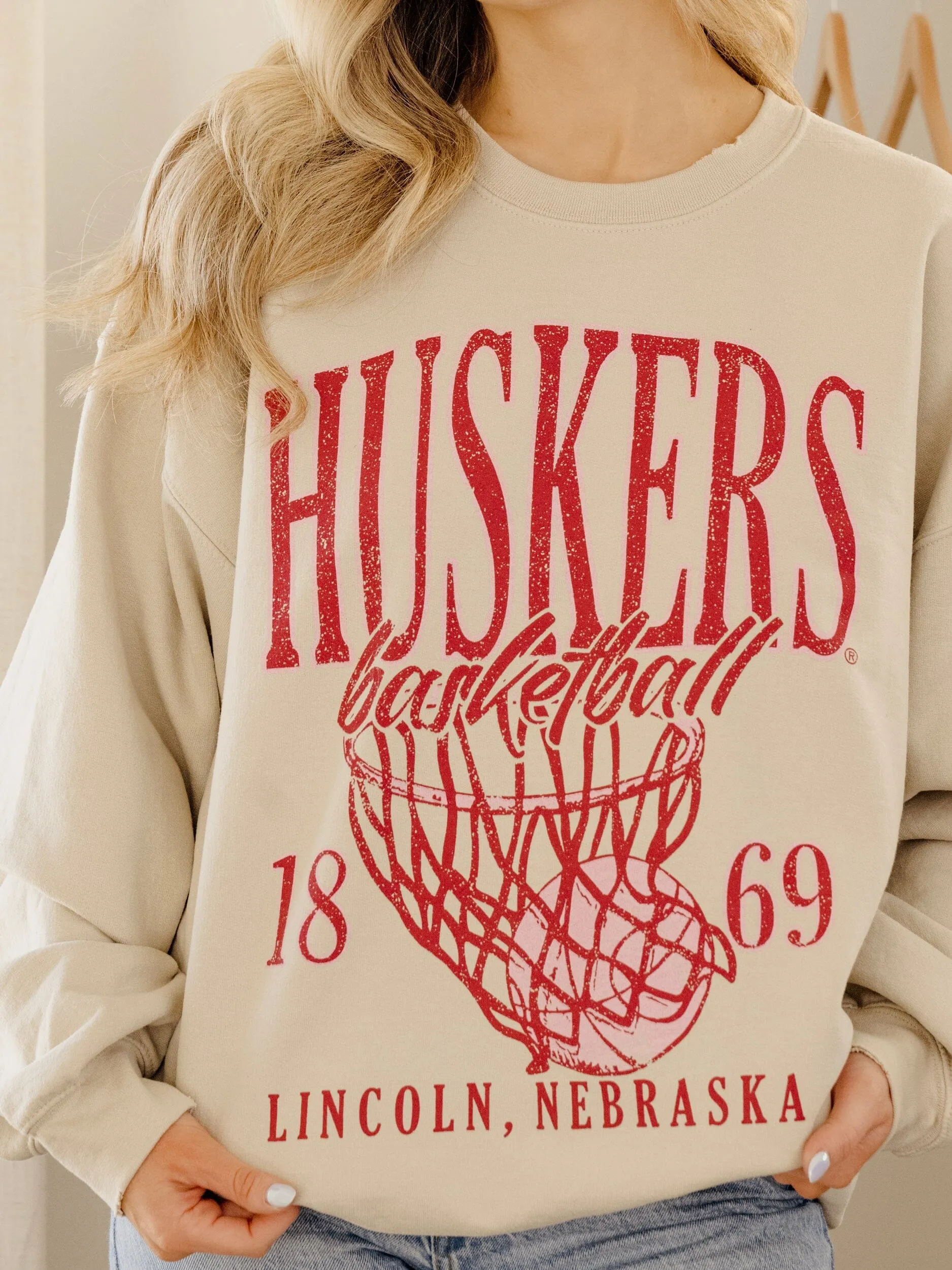 Nebraska Huskers Big Basketball Sand Thrifted Sweatshirt
