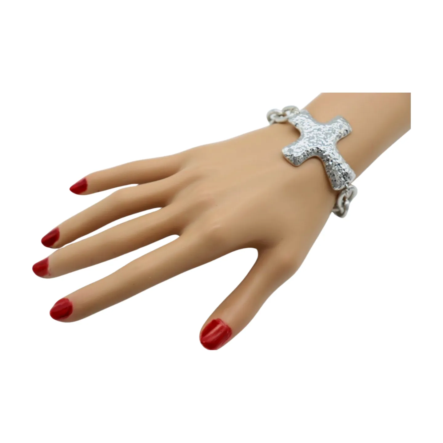 New Women Silver Metal Chain Link Wrist Bracelet Hammered Cross Charm Weekend Look