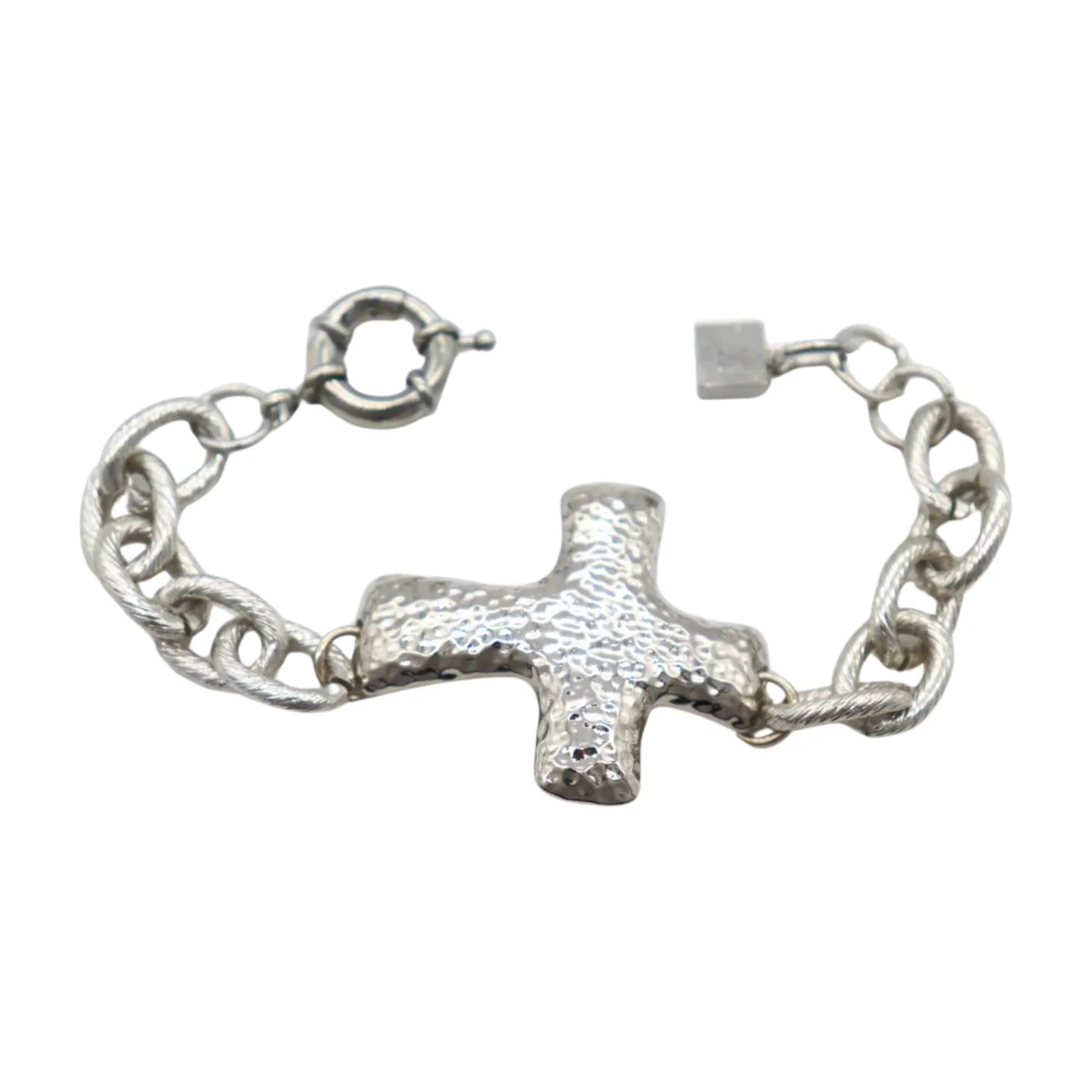 New Women Silver Metal Chain Link Wrist Bracelet Hammered Cross Charm Weekend Look