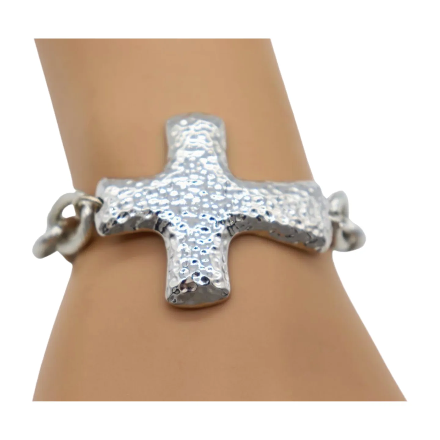New Women Silver Metal Chain Link Wrist Bracelet Hammered Cross Charm Weekend Look