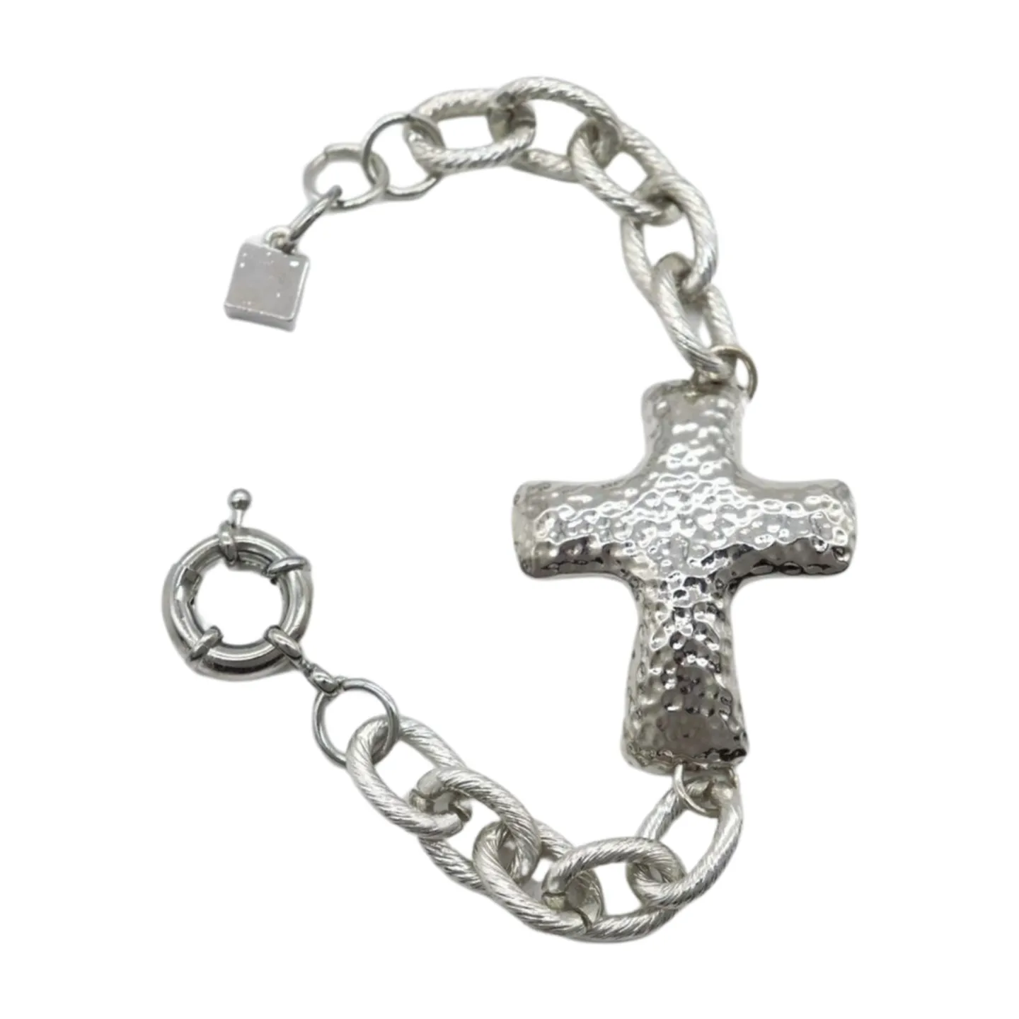 New Women Silver Metal Chain Link Wrist Bracelet Hammered Cross Charm Weekend Look