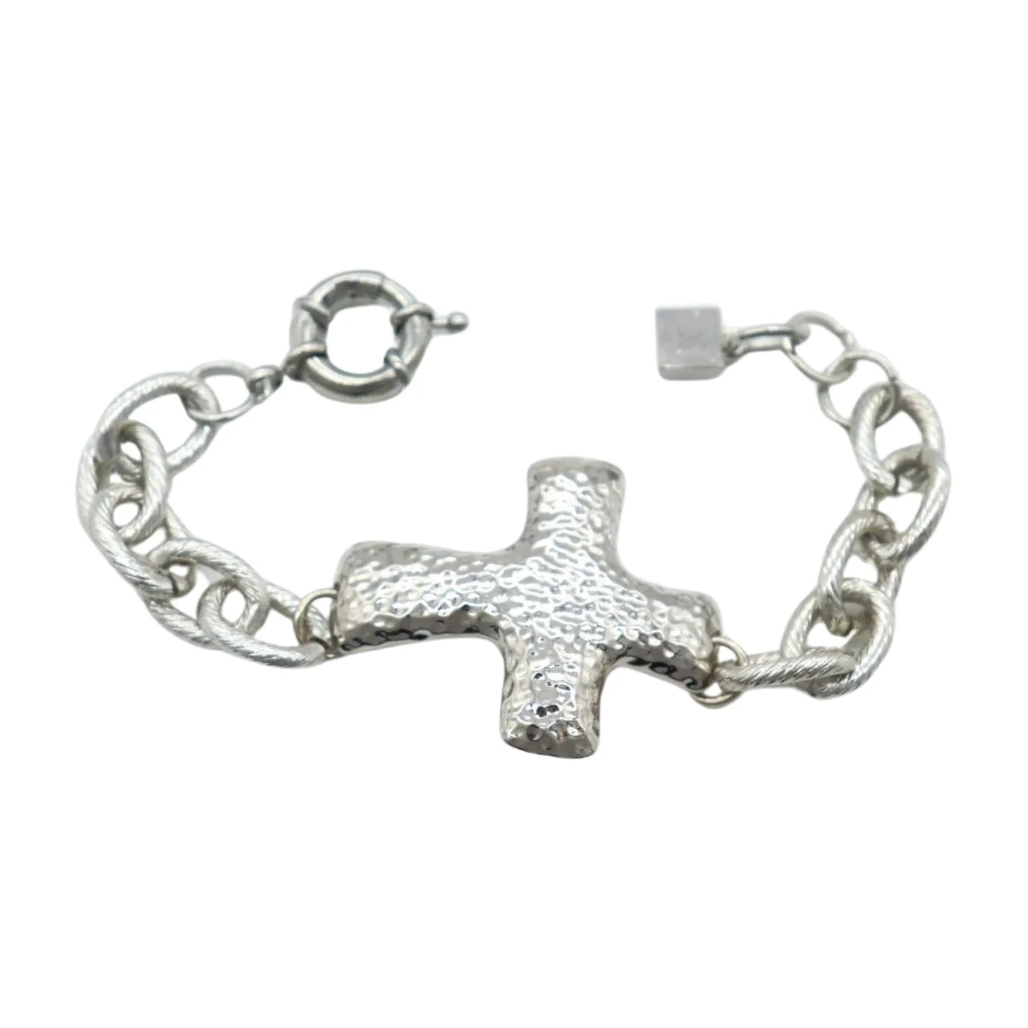 New Women Silver Metal Chain Link Wrist Bracelet Hammered Cross Charm Weekend Look