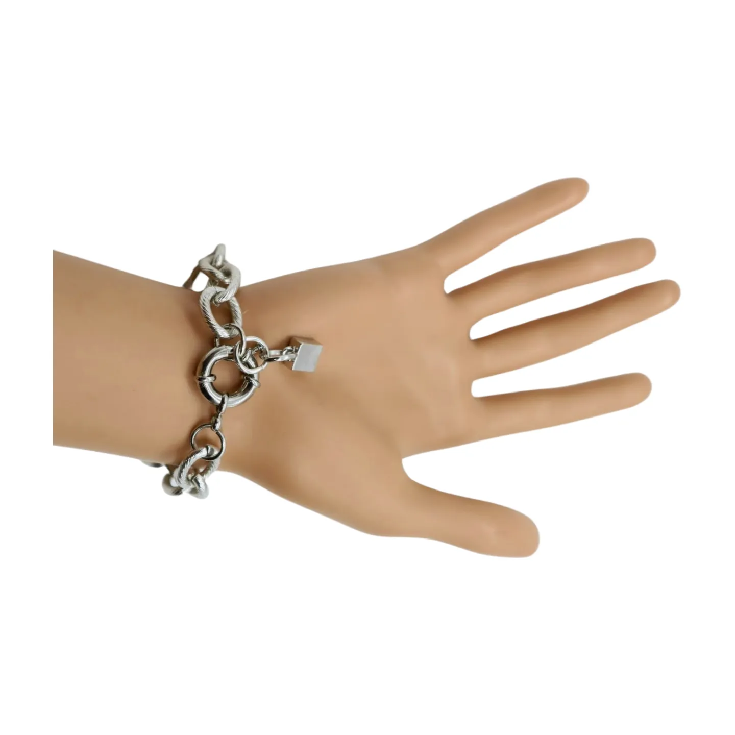 New Women Silver Metal Chain Link Wrist Bracelet Hammered Cross Charm Weekend Look