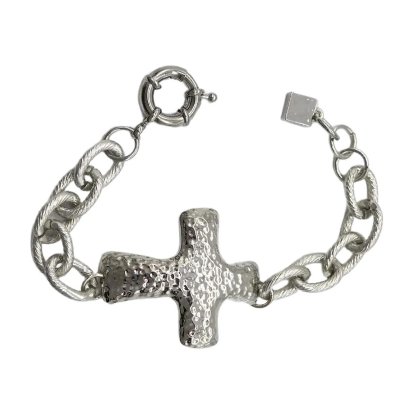 New Women Silver Metal Chain Link Wrist Bracelet Hammered Cross Charm Weekend Look