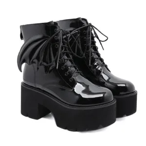 Nocturnal Enigma' Bat Wings Patent Leather Ankle Boots