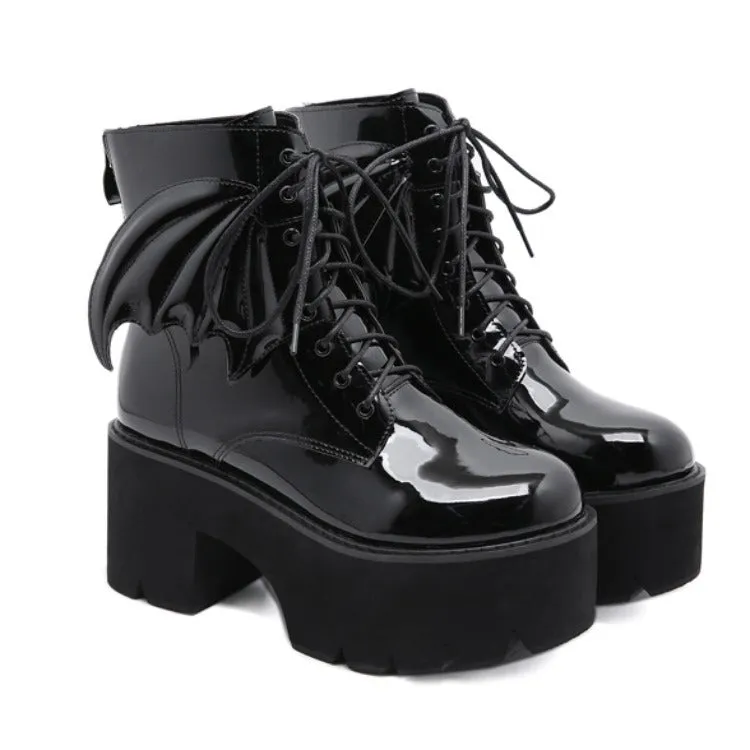 Nocturnal Enigma' Bat Wings Patent Leather Ankle Boots
