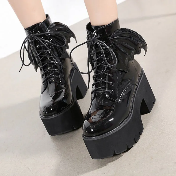 Nocturnal Enigma' Bat Wings Patent Leather Ankle Boots