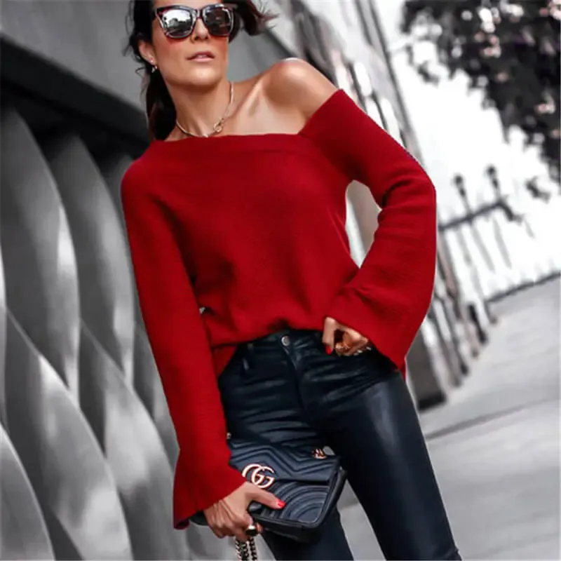 Obsession Asymmetric Ribbed One-Shoulder Bell Sleeve Sweater