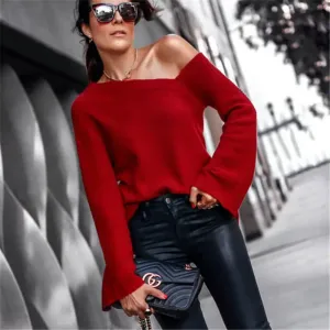 Obsession Asymmetric Ribbed One-Shoulder Bell Sleeve Sweater