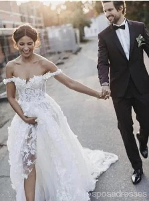 Off Shoulder Lace A-line Wedding Dresses Online, Cheap Unique Bridal Dresses, WD597