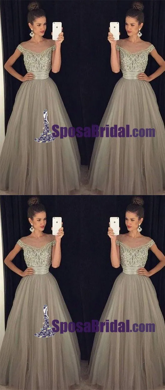Off Shoulder Unique Floor-length Gray Tulle A-Line Real Made Long Prom Dresses, modest evening dresses,PD0763