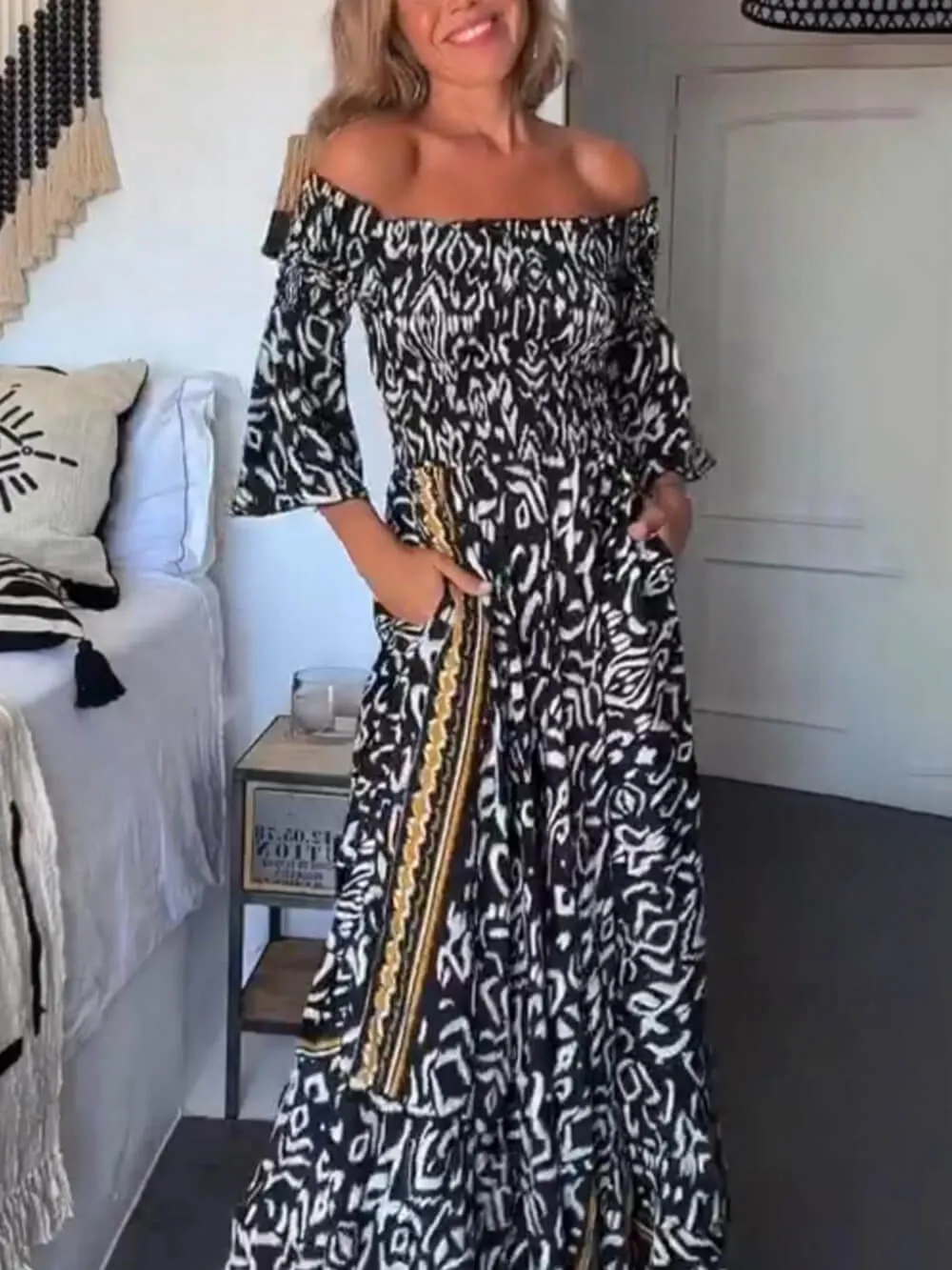 Off-The-Shoulder Smocked Stretch Charming Black Printed Maxi Dress