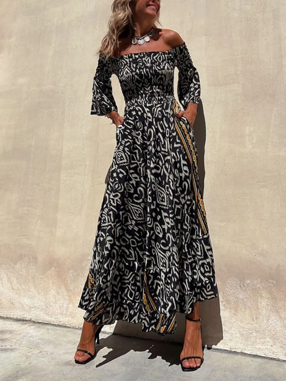 Off-The-Shoulder Smocked Stretch Charming Black Printed Maxi Dress