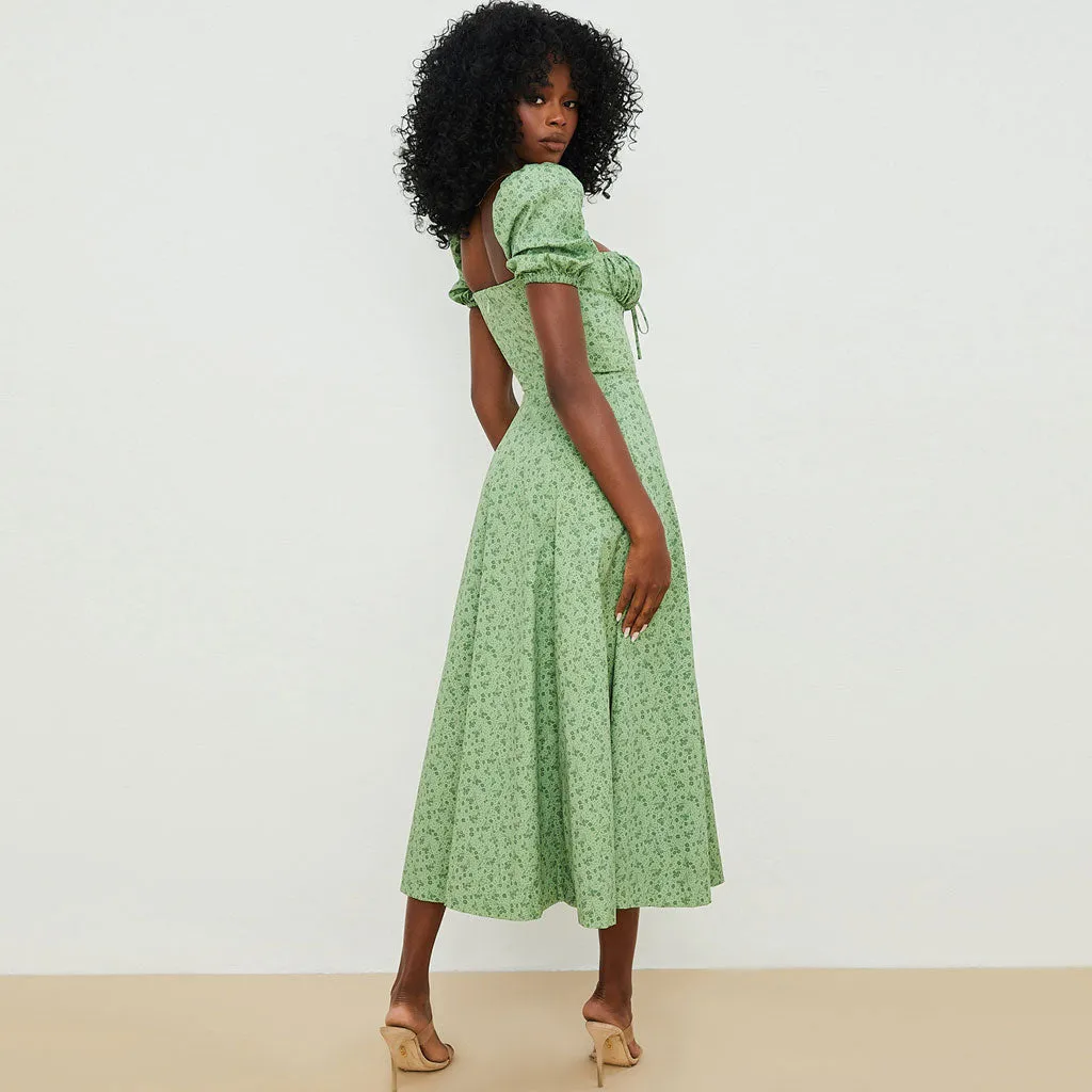 Printed Puff Sleeve High Slit Smock Maxi Sundress - Green