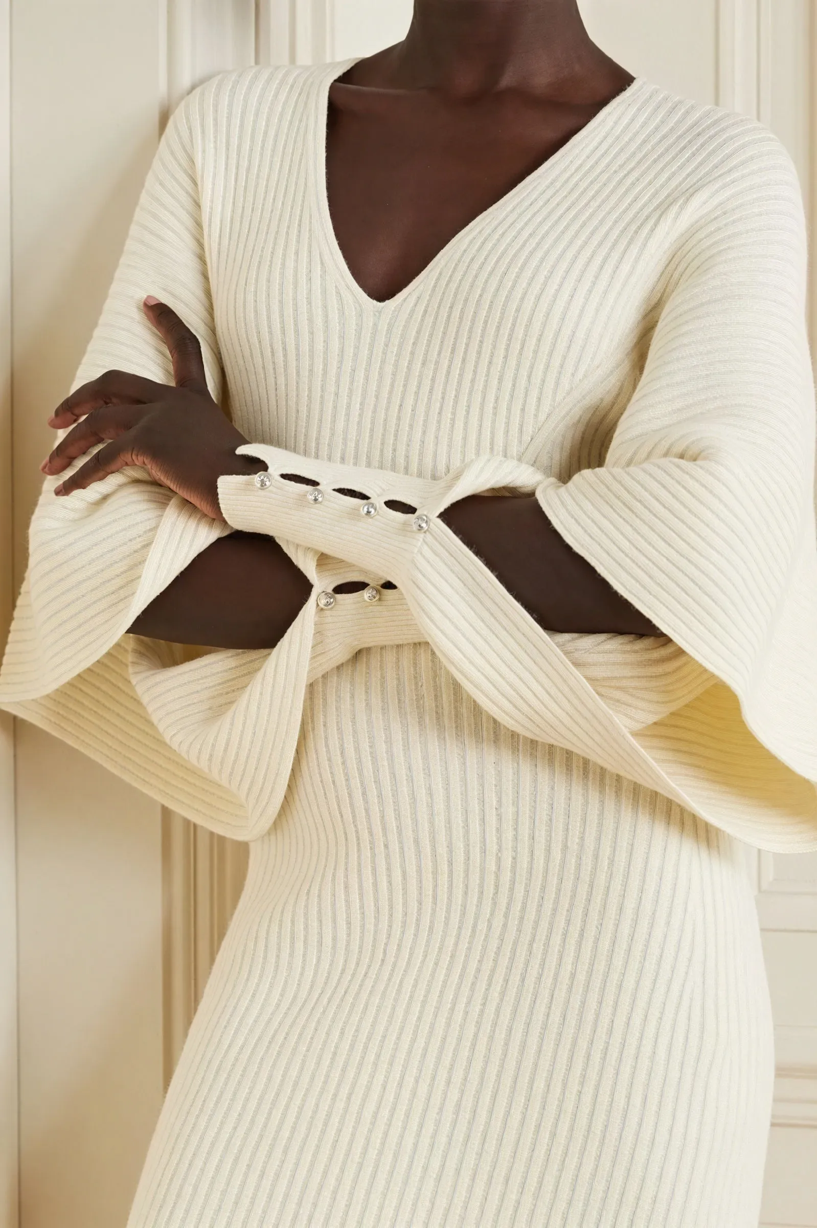 Ribbed Knit Midi Dress with Cape Sleeves
