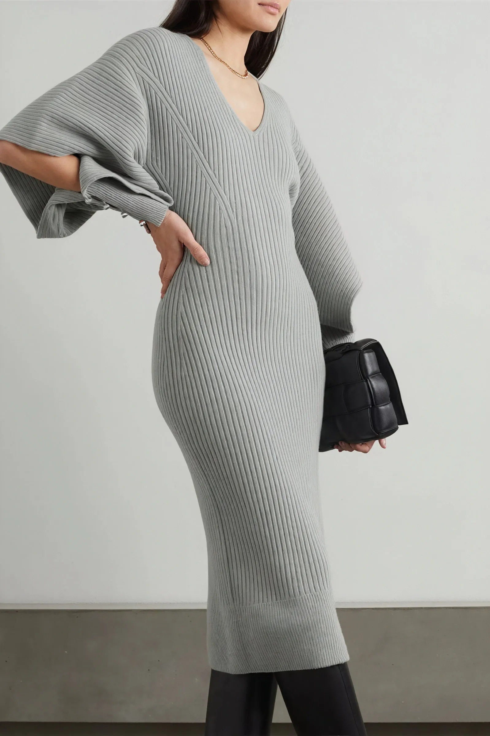 Ribbed Knit Midi Dress with Cape Sleeves