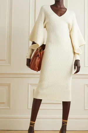 Ribbed Knit Midi Dress with Cape Sleeves