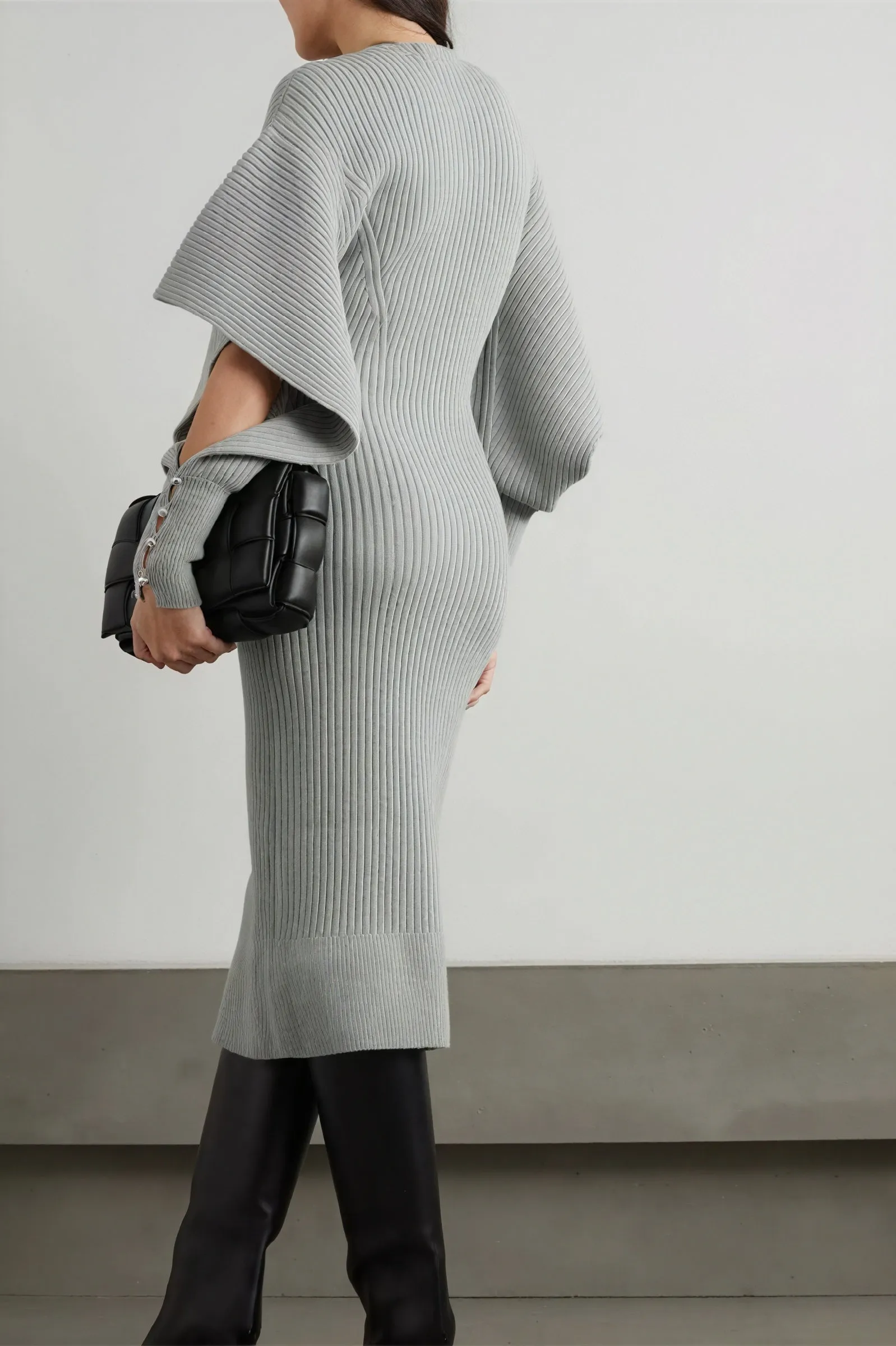 Ribbed Knit Midi Dress with Cape Sleeves