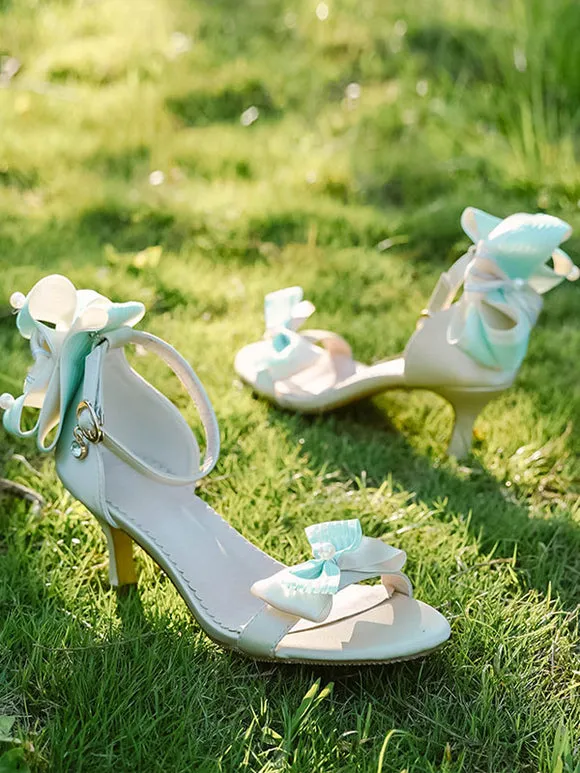 ROCOCO Style Lolita Sandals Green Bows PU Leather Pointed Toe Lolita Summer Shoes