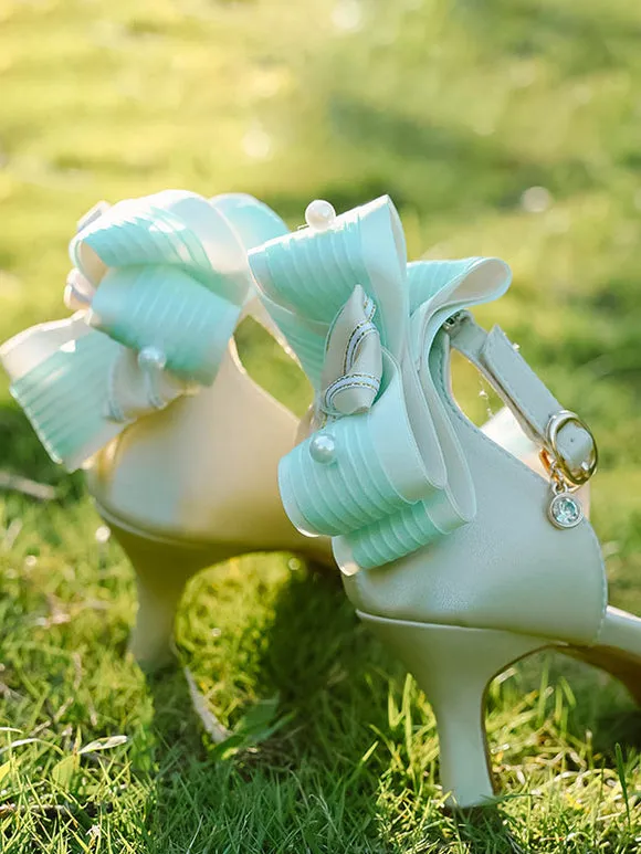 ROCOCO Style Lolita Sandals Green Bows PU Leather Pointed Toe Lolita Summer Shoes