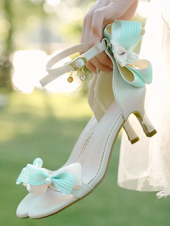 ROCOCO Style Lolita Sandals Green Bows PU Leather Pointed Toe Lolita Summer Shoes