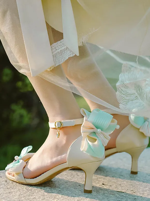 ROCOCO Style Lolita Sandals Green Bows PU Leather Pointed Toe Lolita Summer Shoes
