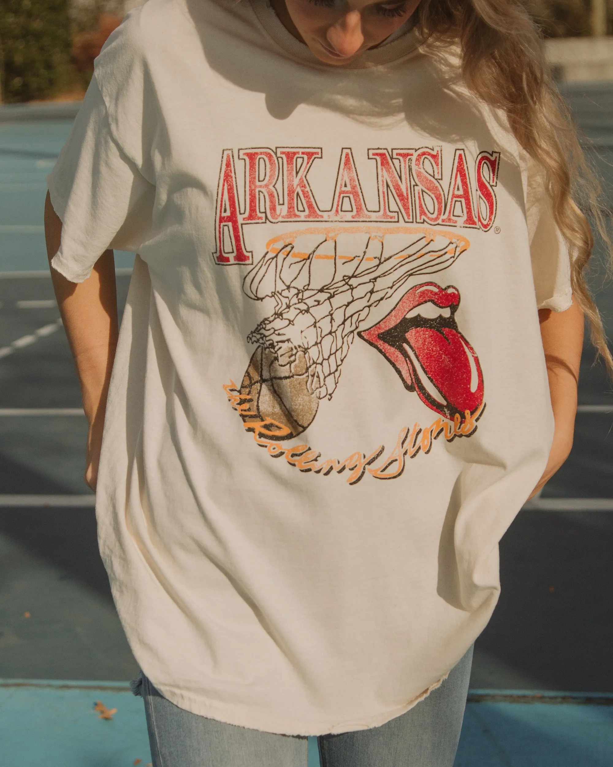Rolling Stones Arkansas Basketball Net Off White Thrifted Tee