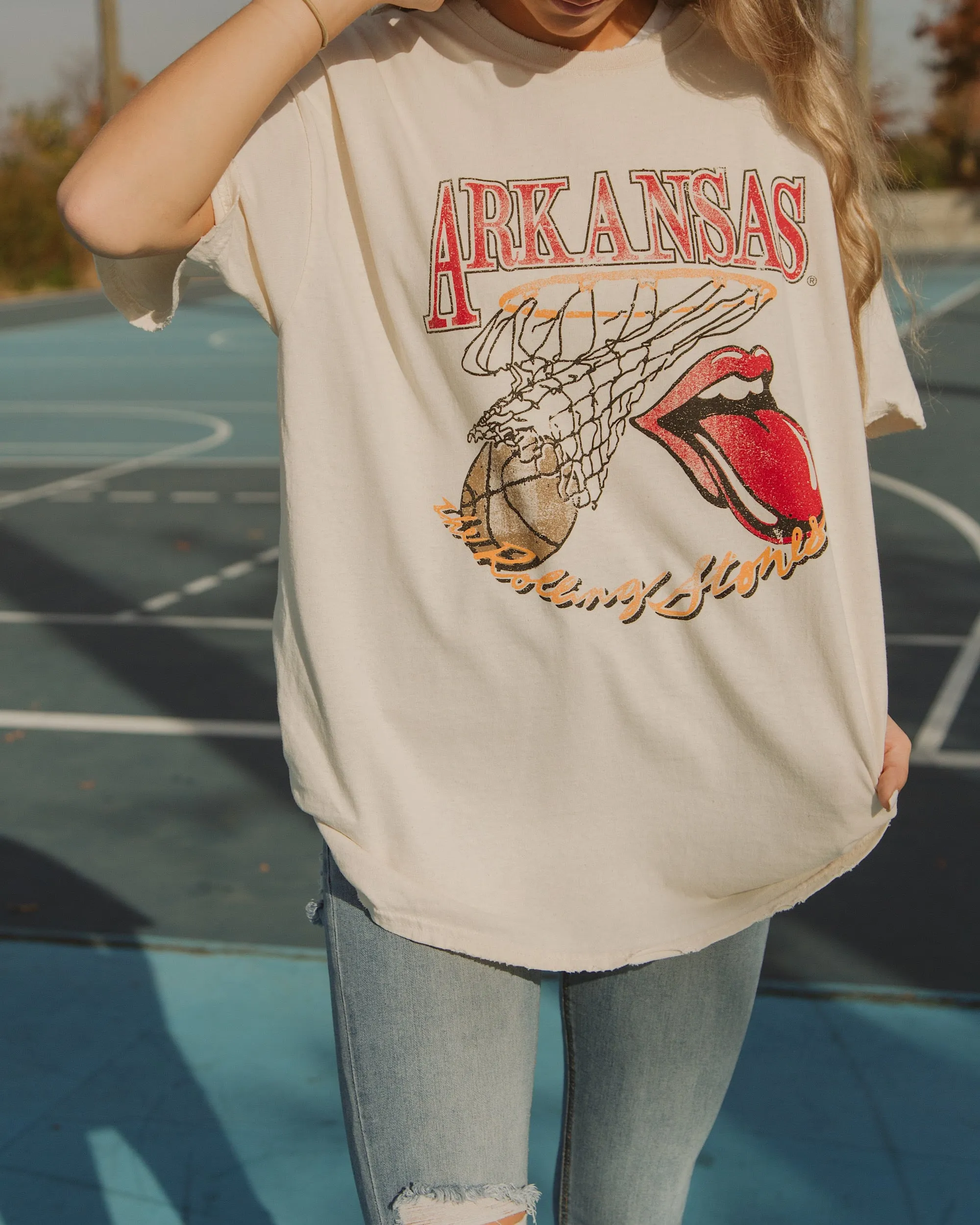 Rolling Stones Arkansas Basketball Net Off White Thrifted Tee