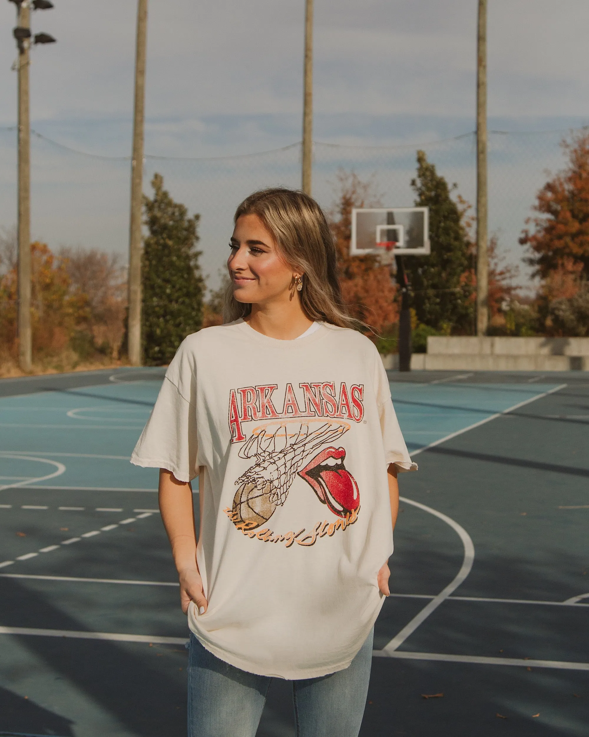 Rolling Stones Arkansas Basketball Net Off White Thrifted Tee