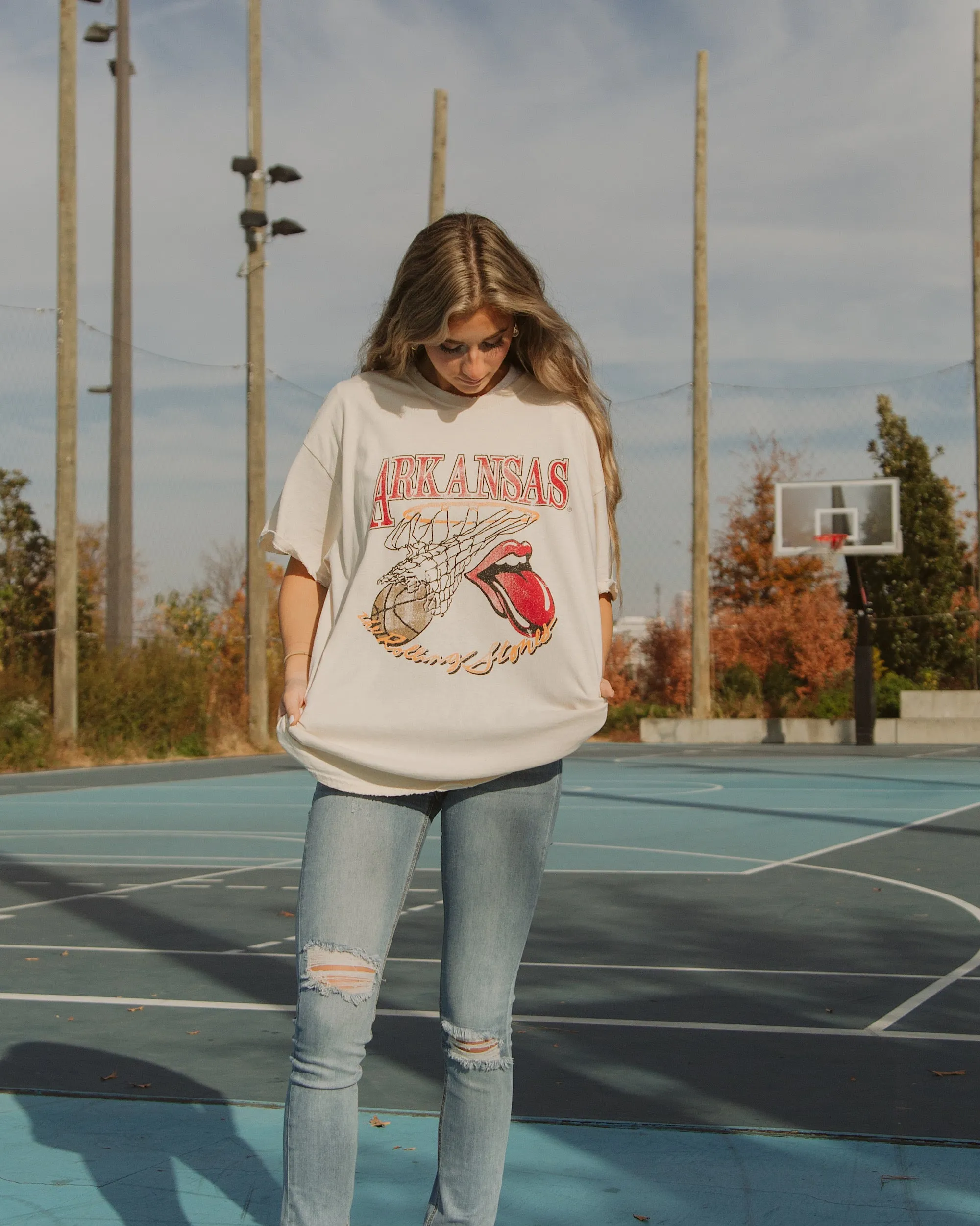 Rolling Stones Arkansas Basketball Net Off White Thrifted Tee