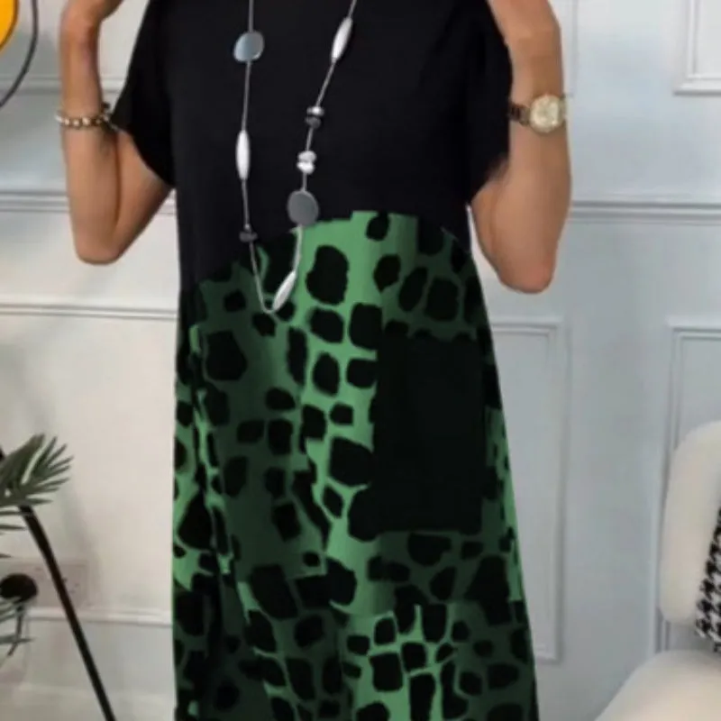 Round Neck Loose Print Short Sleeve Dress