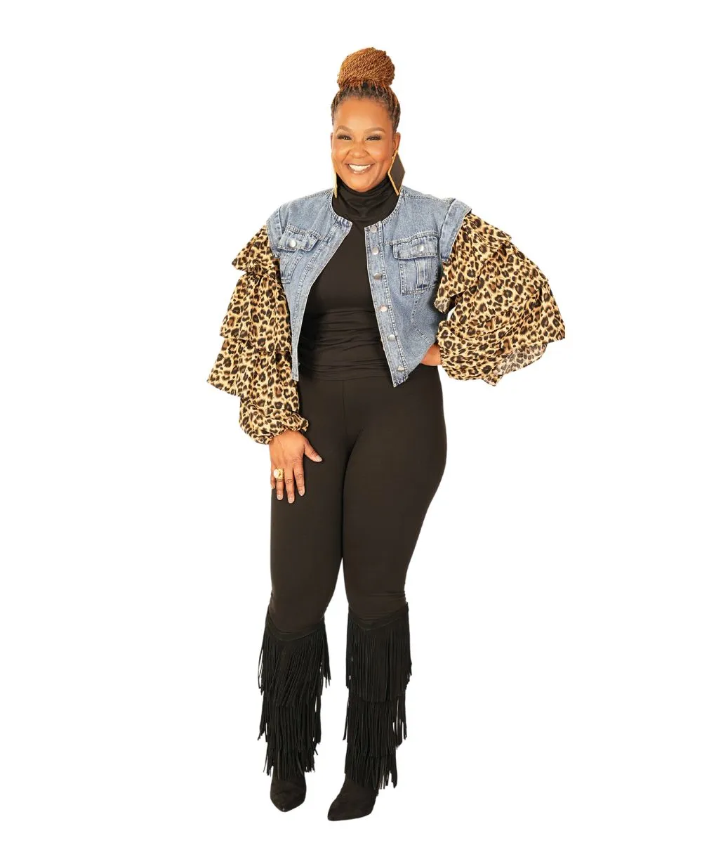 Ruffled Leopard Denim Jacket