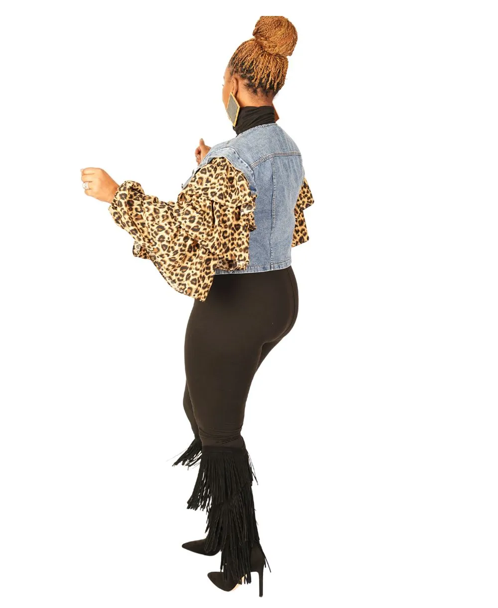 Ruffled Leopard Denim Jacket