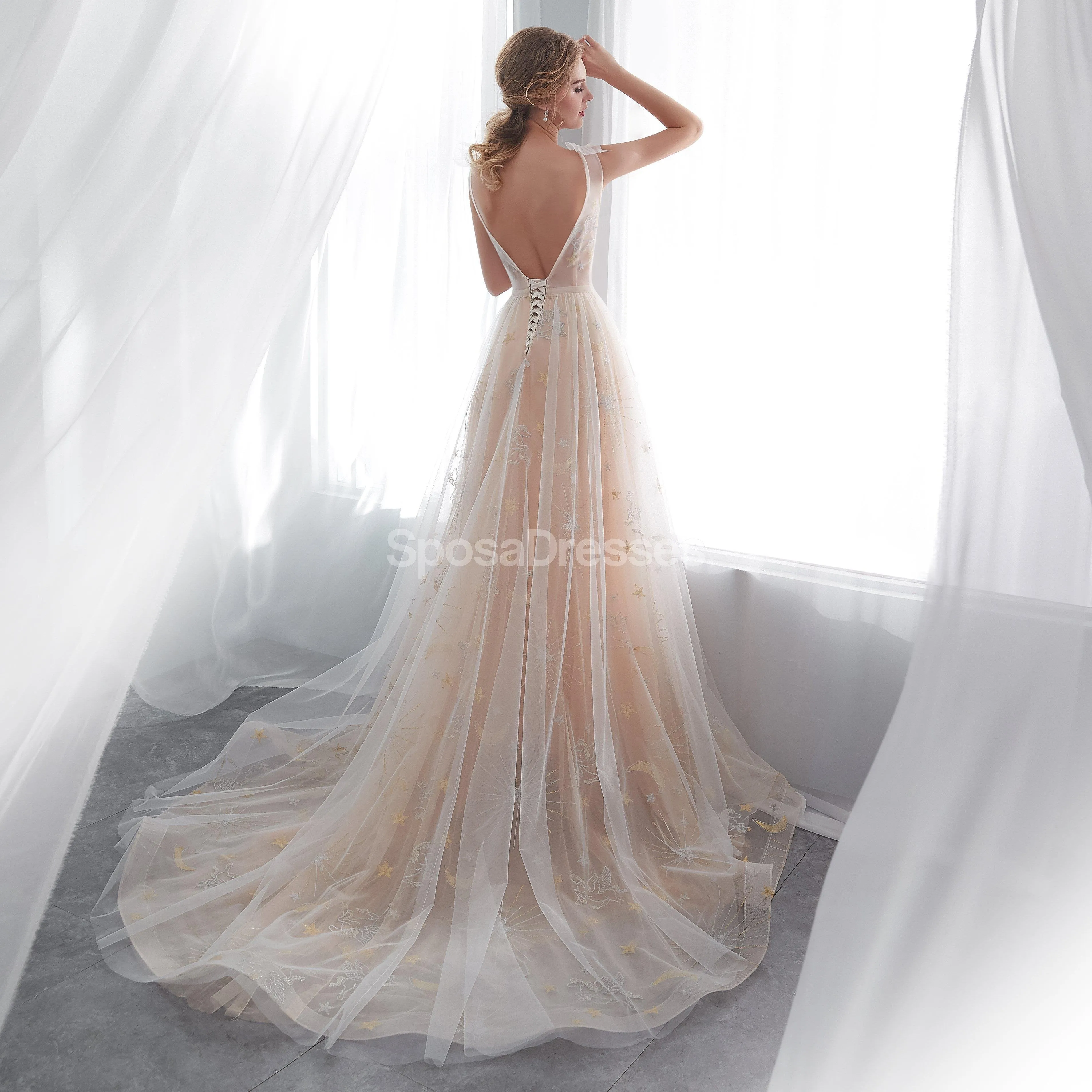 Sexy Backless See Through Lace A-line Cheap Wedding Dresses Online, Unique Bridal Dresses, WD574