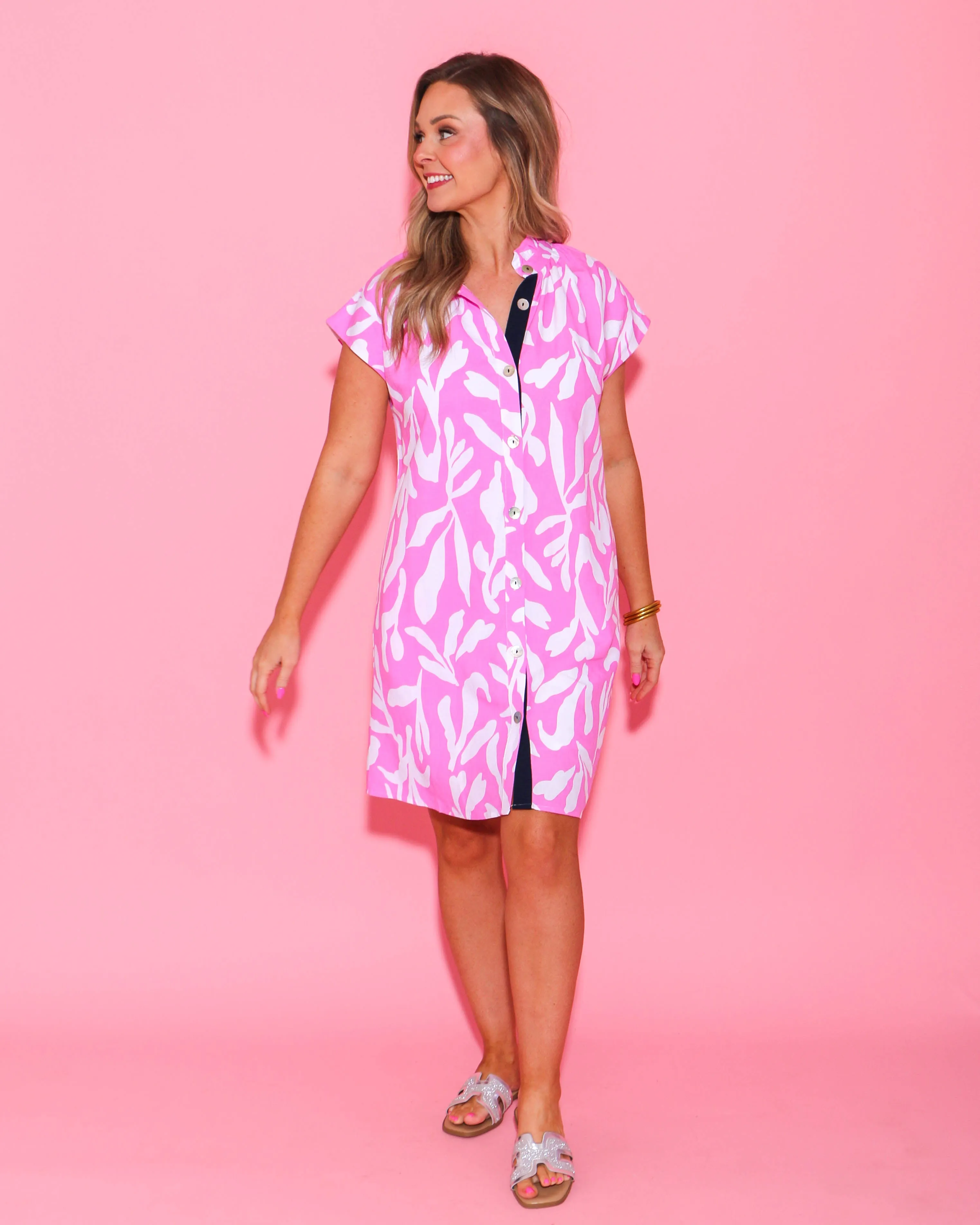 Short Sleeve Button Up Dress in Pink