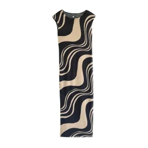 Shoulder Pad Printed Mesh Dress in Beige & Black