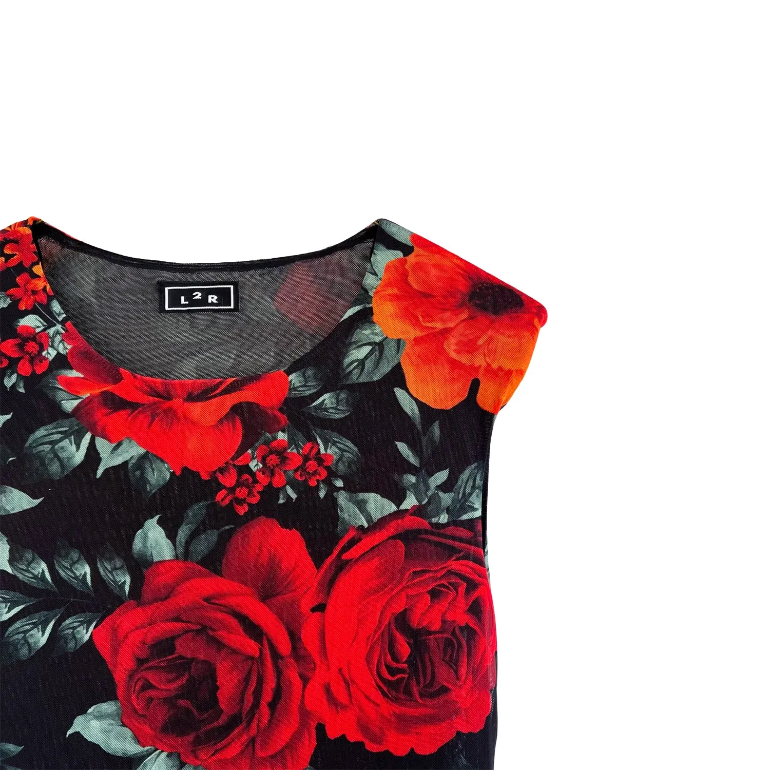Shoulder Pad Printed Mesh Dress in Floral Red & Black