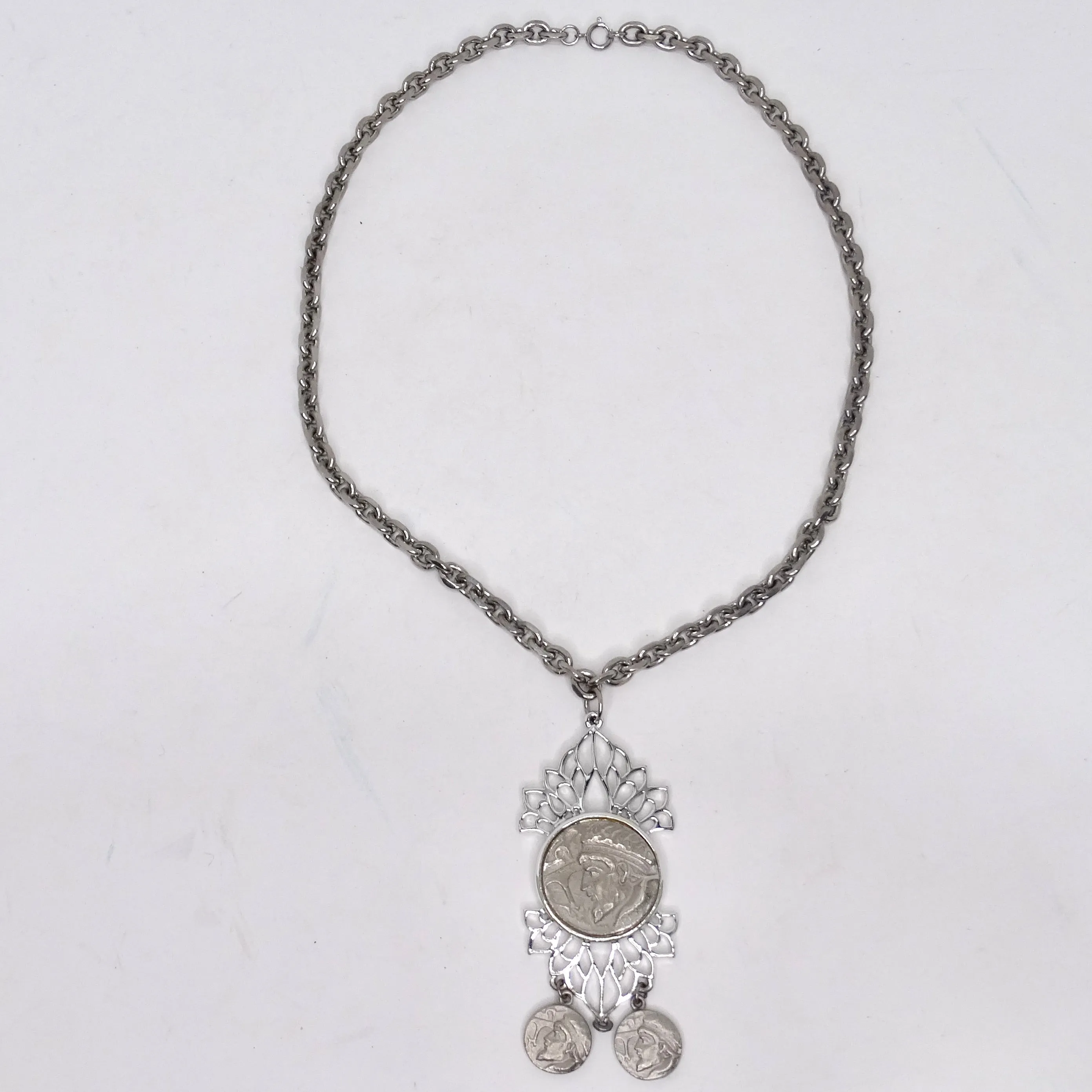 Silver Plated Roman Coin Medallion Pendant Necklace