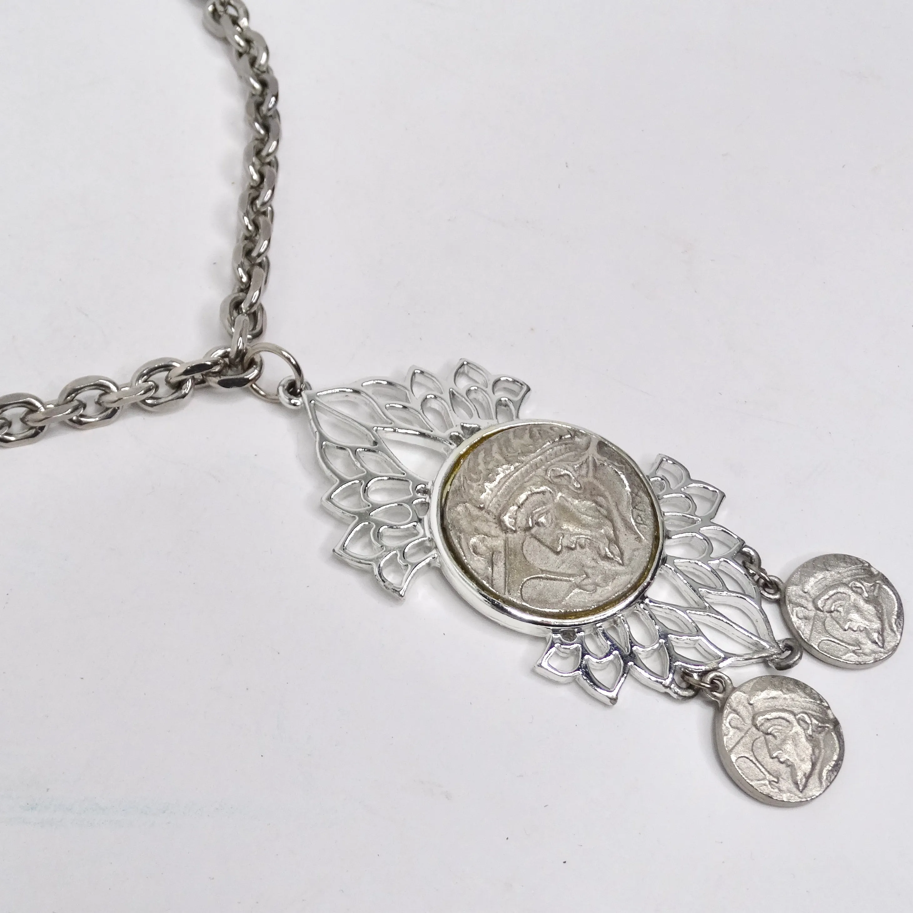 Silver Plated Roman Coin Medallion Pendant Necklace