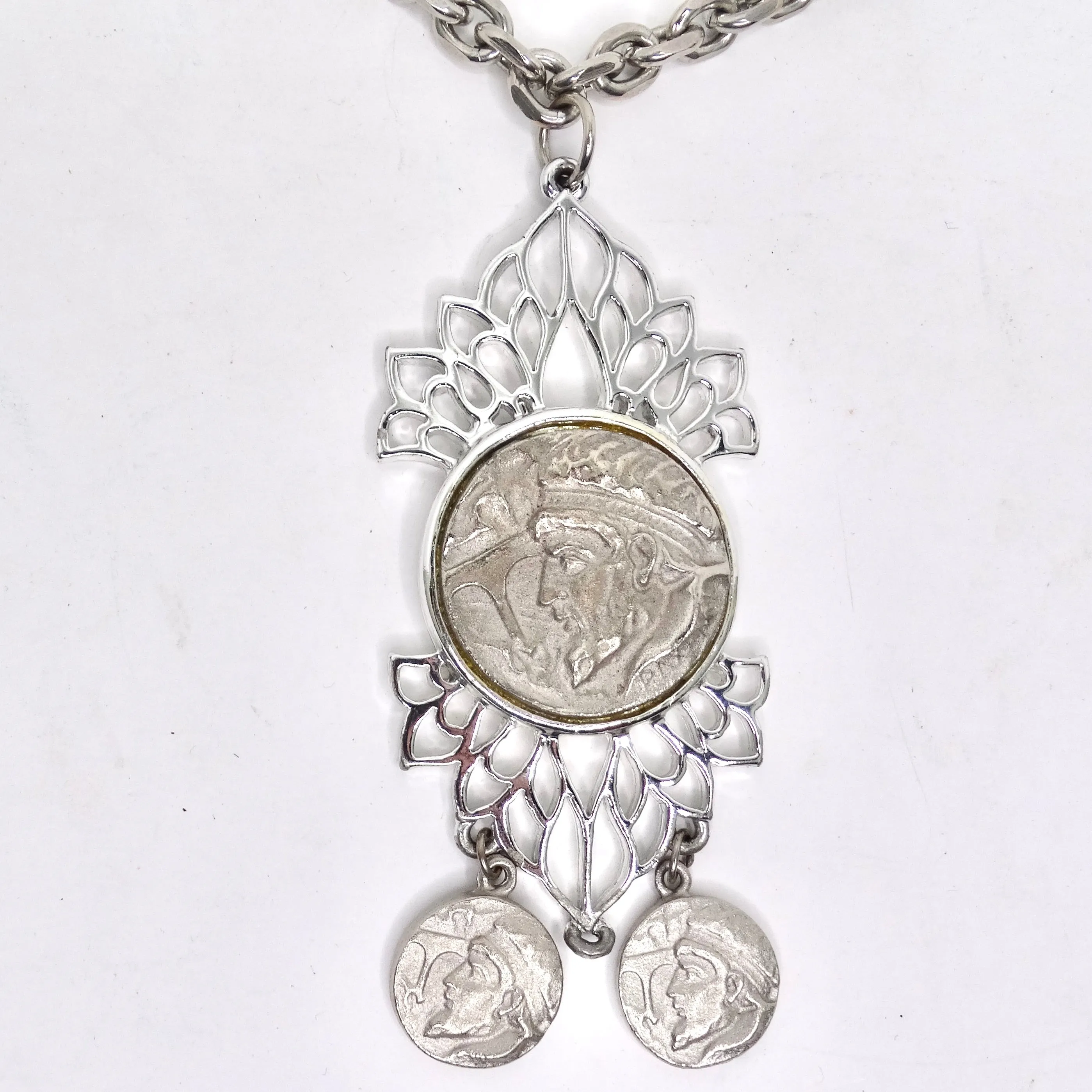 Silver Plated Roman Coin Medallion Pendant Necklace