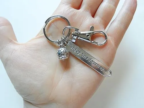 Soccer Player Keychain with Soccer Ball & Enjoy the Journey Charm and Swivel Clasp, Soccer Player or Coach Keychain