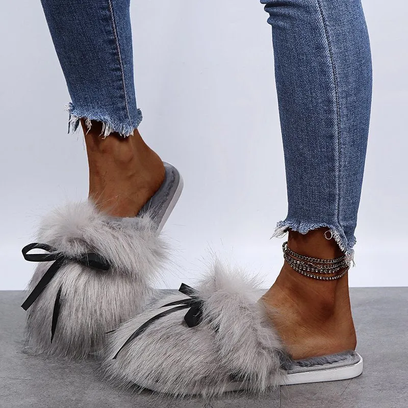 Solid Bowknot Decoration Fluffy Sandals