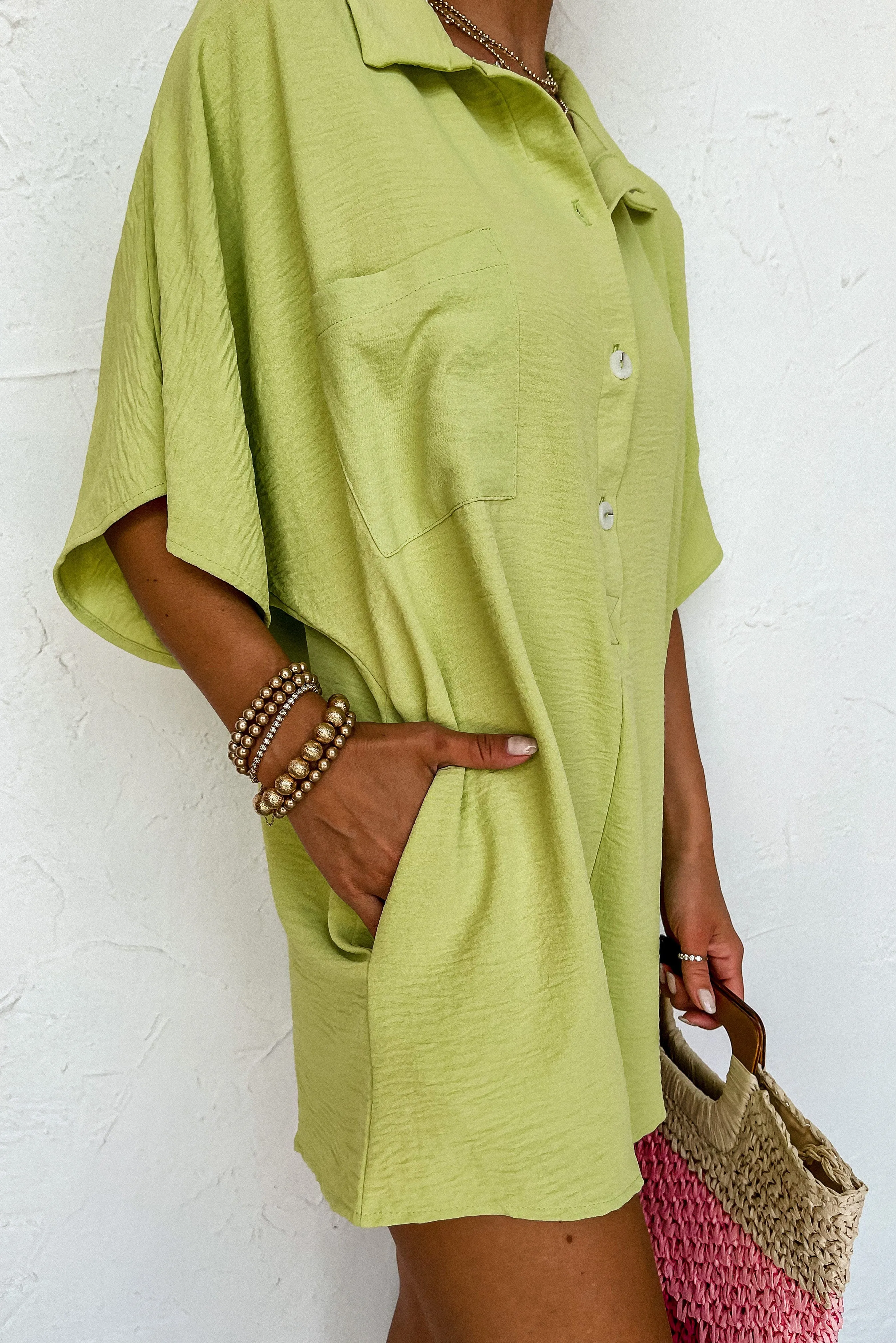 Spinach Green Half Button Collared Loose Romper