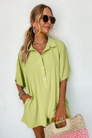 Spinach Green Half Button Collared Loose Romper