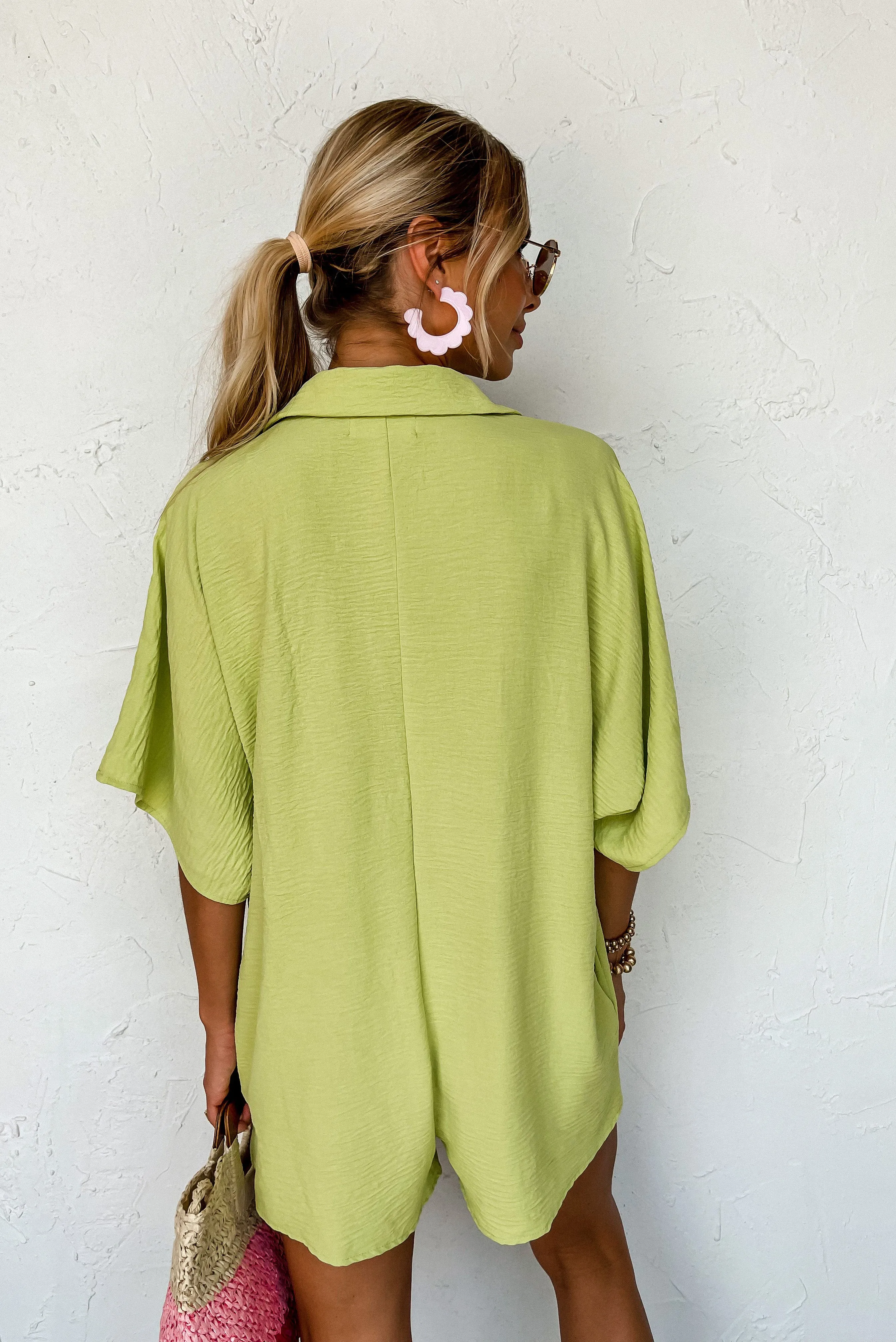 Spinach Green Half Button Collared Loose Romper